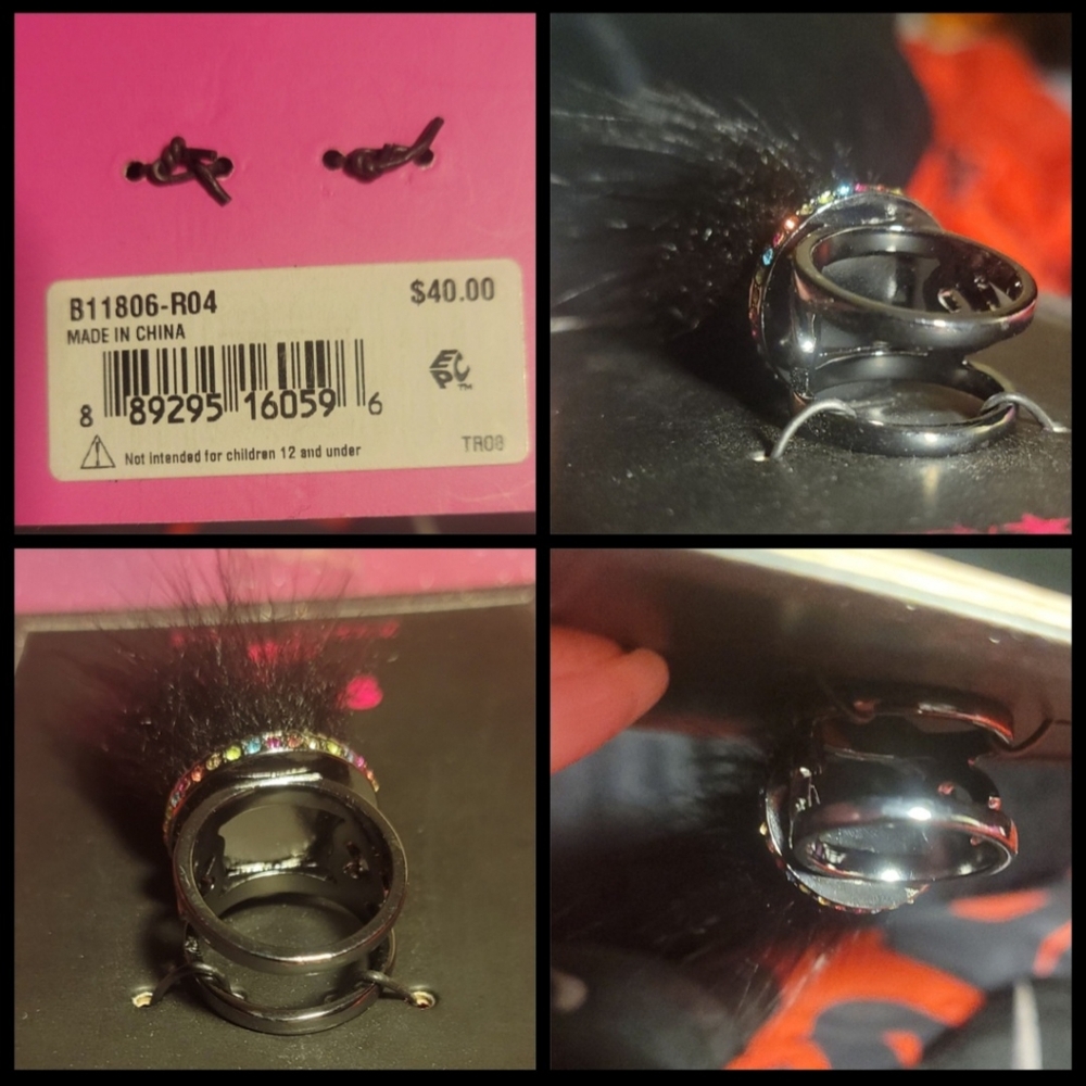 Betsey Johnson Macys 2016 Trolls gunmetal rhinestone blk hair Trolls ring 8 NWT - Picture 10 of 17